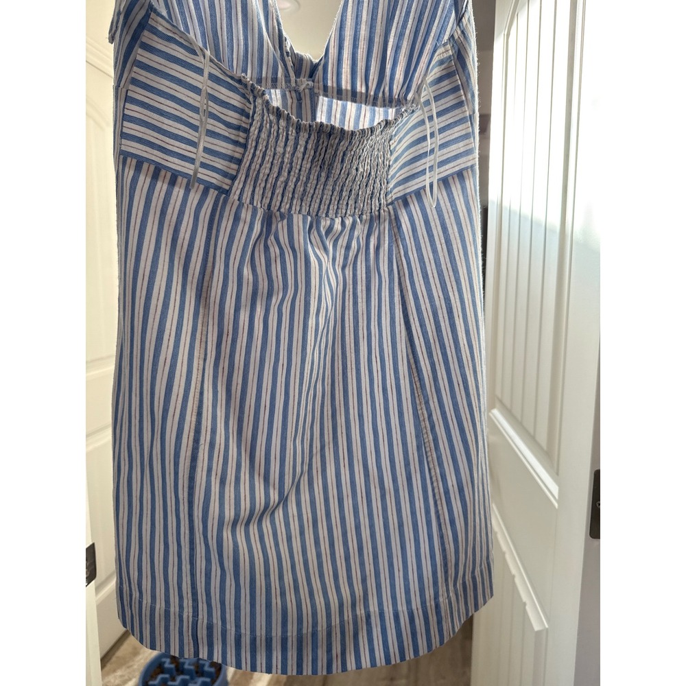 Blue Striped Linen Blend Tie Front Mini Dress Smocked Back Coastal Preppy Beach - Picture 11 of 11